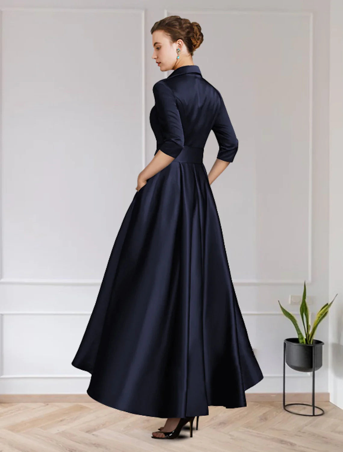 Wholesale A-Line Mother of the Bride Dress Wedding Guest Elegant High Low Jewel Neck Asymmetrical Satin Short Sleeve with Pleats Appliques